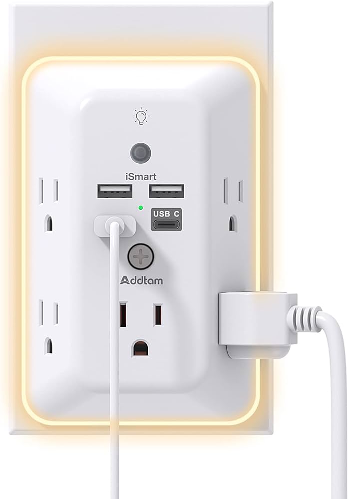 Surge Protector, Multi Plug Outlet Extender with Night Light for Home, Office