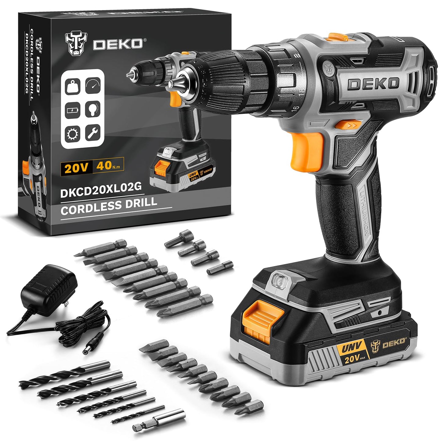 DEKO PRO Cordless Drill 20V Electric Power Drill Set Tool Drills Cordless Set with Battery and Charger 20 Volt Drill Driver Kit